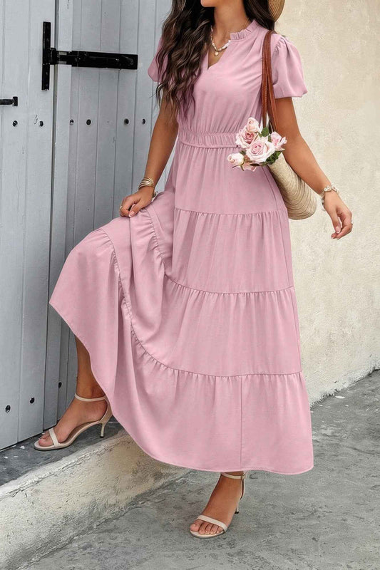 Solid V Neck Color Block Elastic Waist Dress