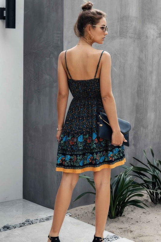 V Neck Floral Printed Mini Dress