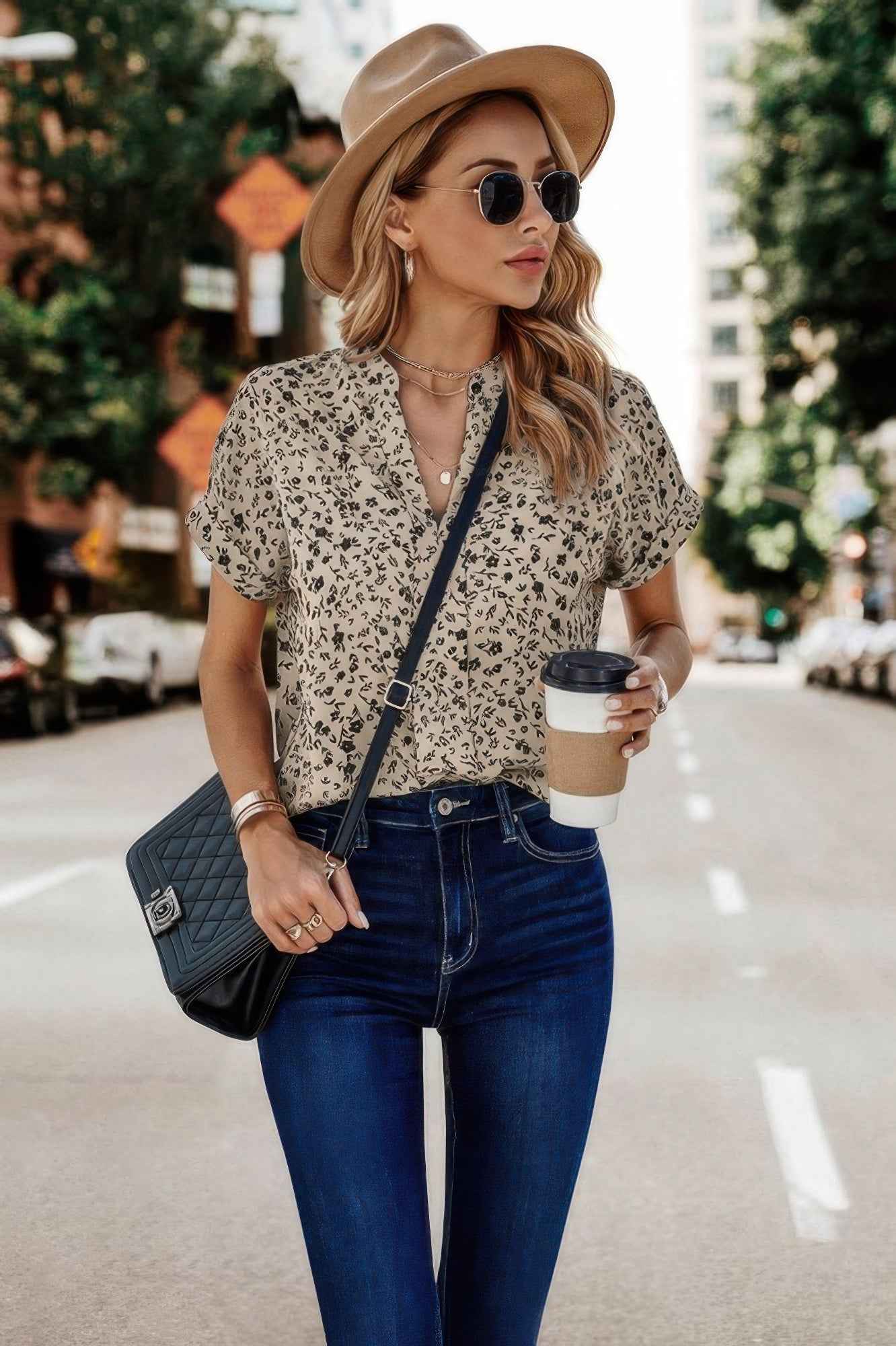 Floral Print V Neck Loose Fit Blouse