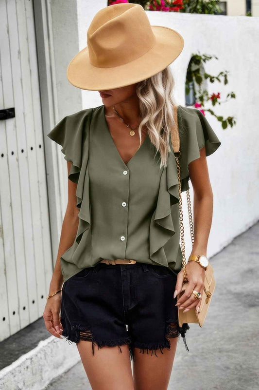 Solid Button Ruffle V Neck Fit Blouse