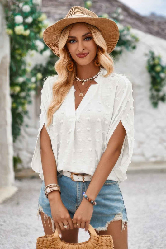 Swiss Dot V Neck Loose Half Sleeve Blouse