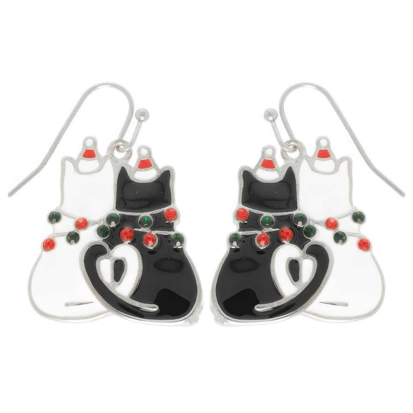Christmas Enamel Cat Pair Dangle Earrings