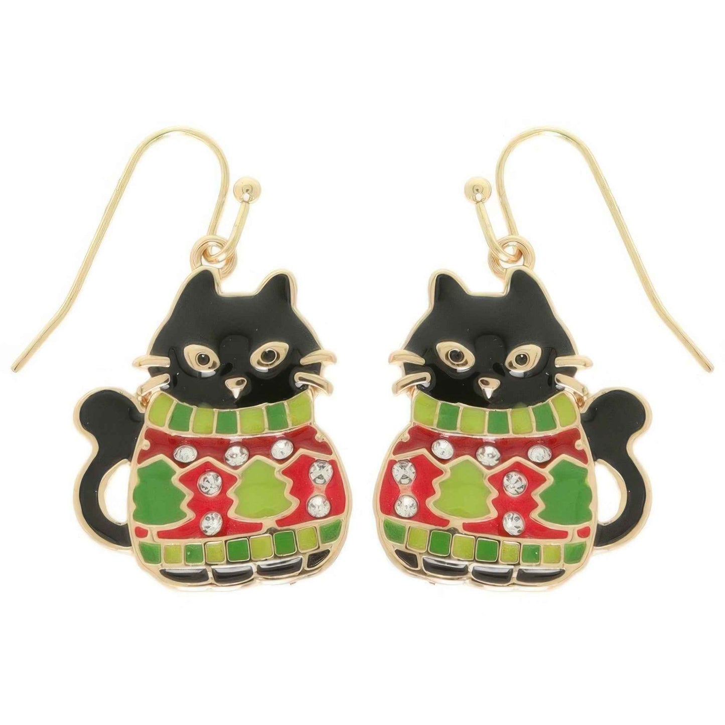 Christmas Enamel Cat In Ugly Sweater Earrings