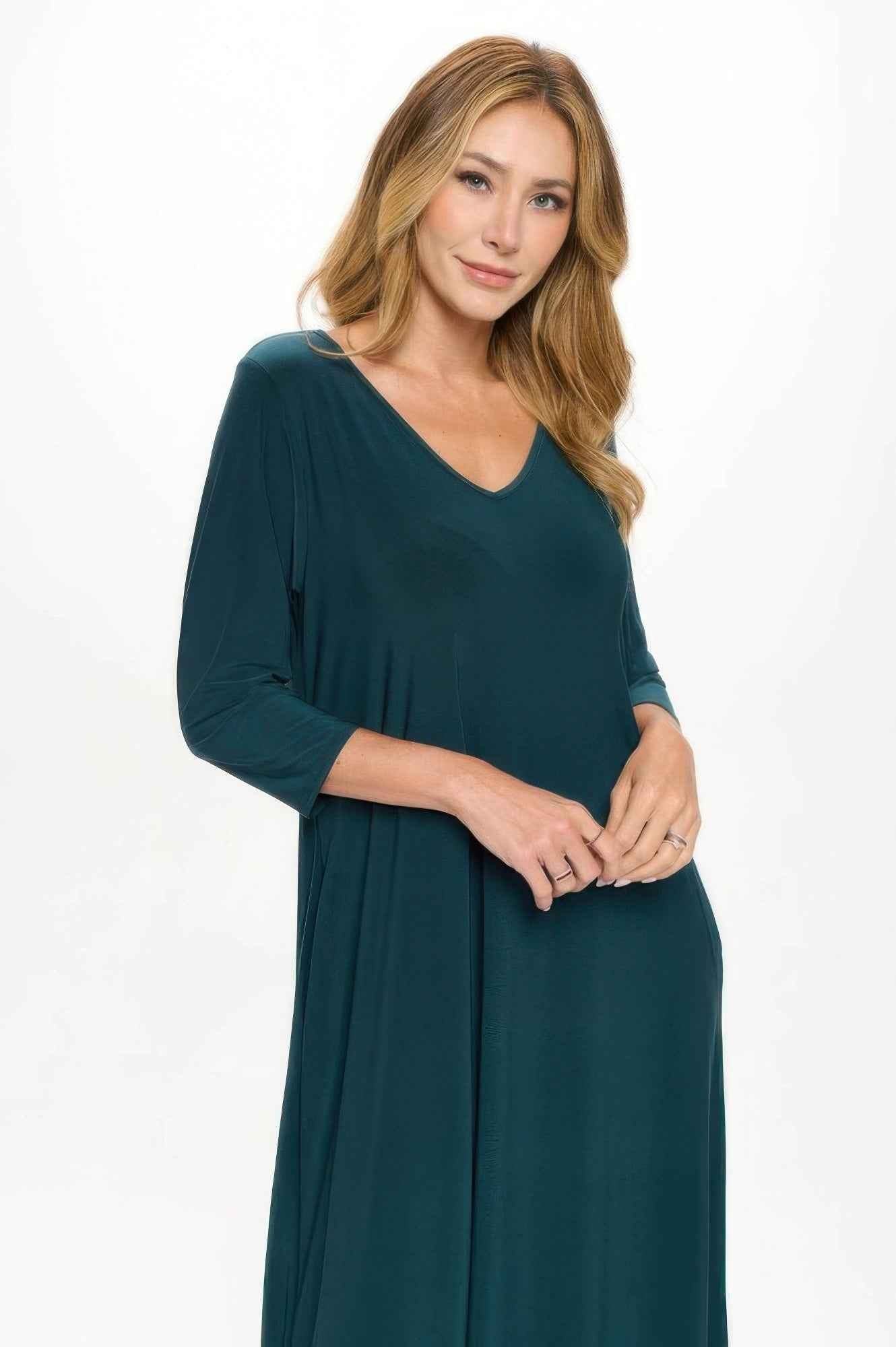 Hit V-neck Long Dress W/pocket