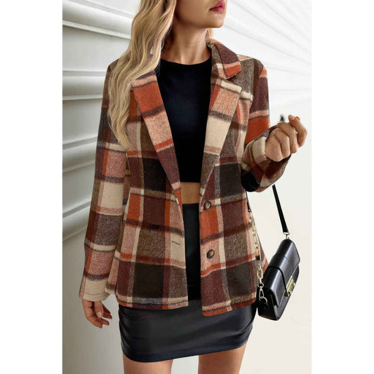 Plaid Lapel Collar Long Sleeve Button Coat