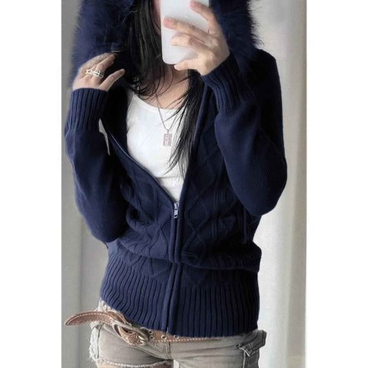 Solid Zipper Twist And Fur Stitching Jacket
