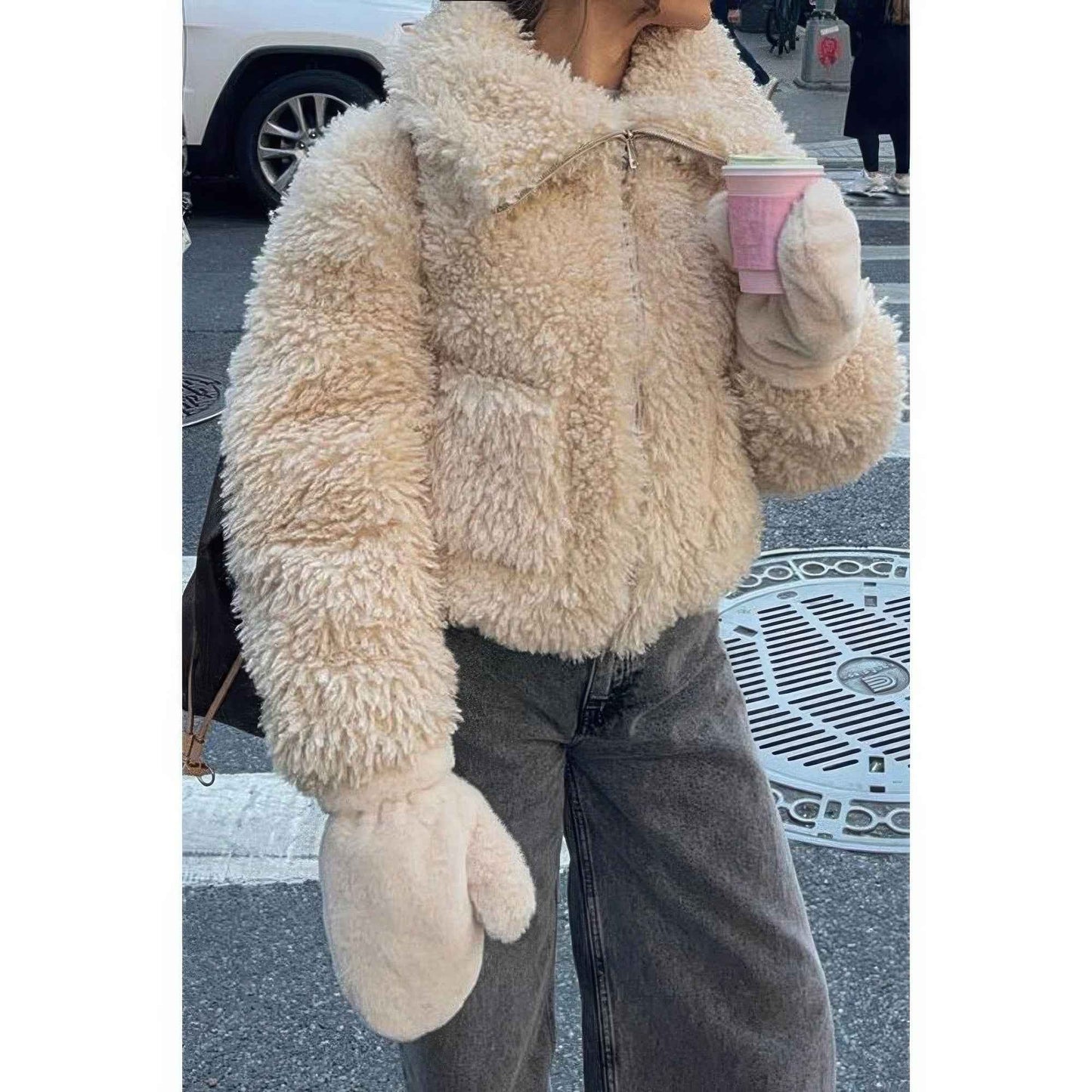 Solid Fleece Cropped Cozy Fuzzy Fur Jacket