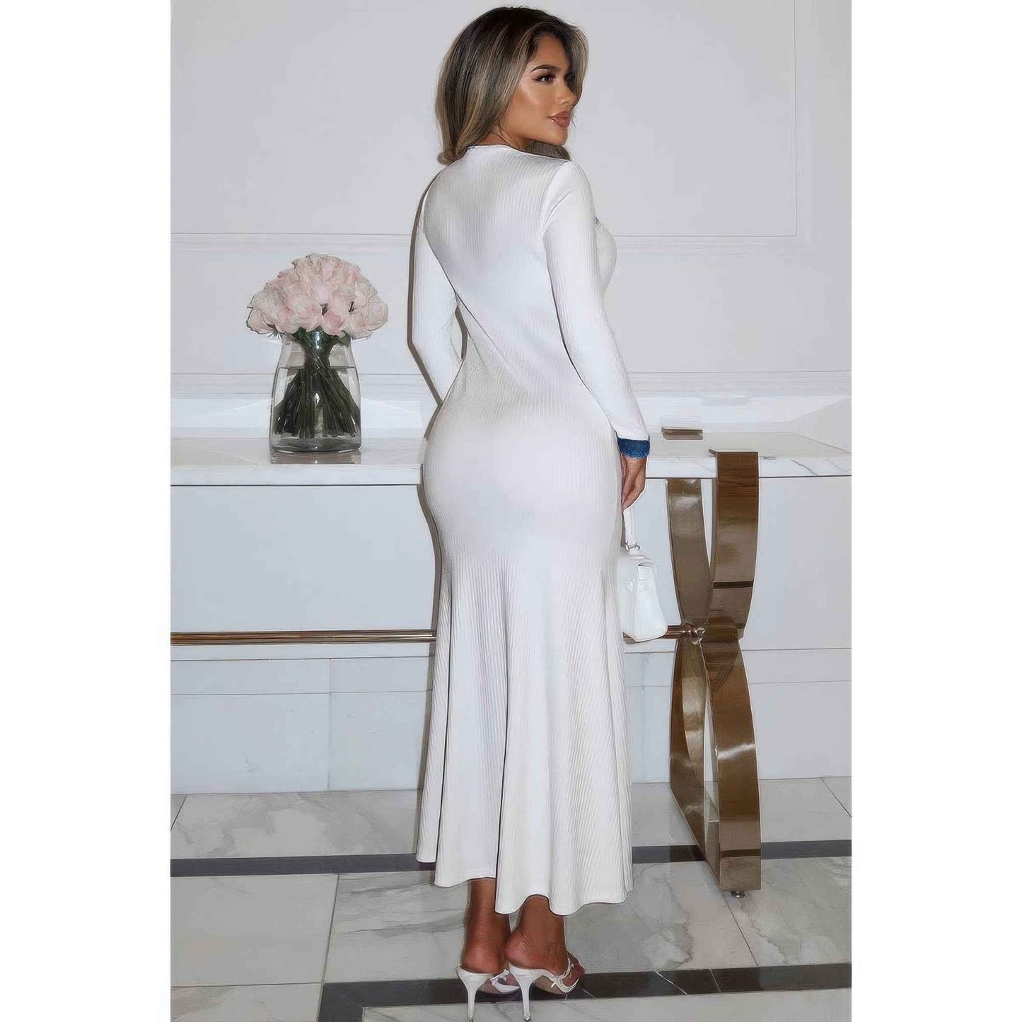 Contrast Trim Round Neck Long Sleeve Fit Dress