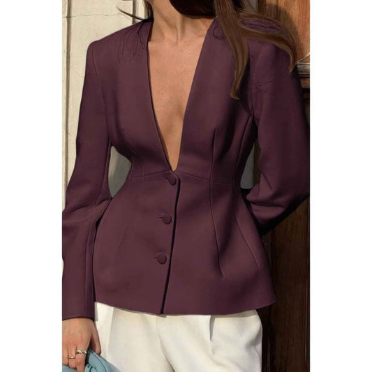 Solid Long Sleeve V Neck Button Fit Blazer
