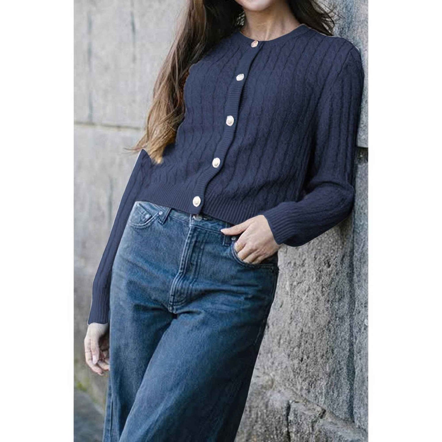 Solid Round Neck Knit Button Cable Sweater