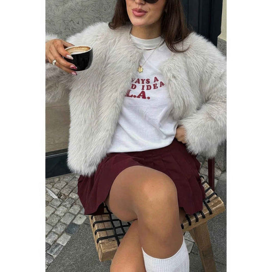 Solid Round Neck Lomh Sleeves Fluffy Jacket