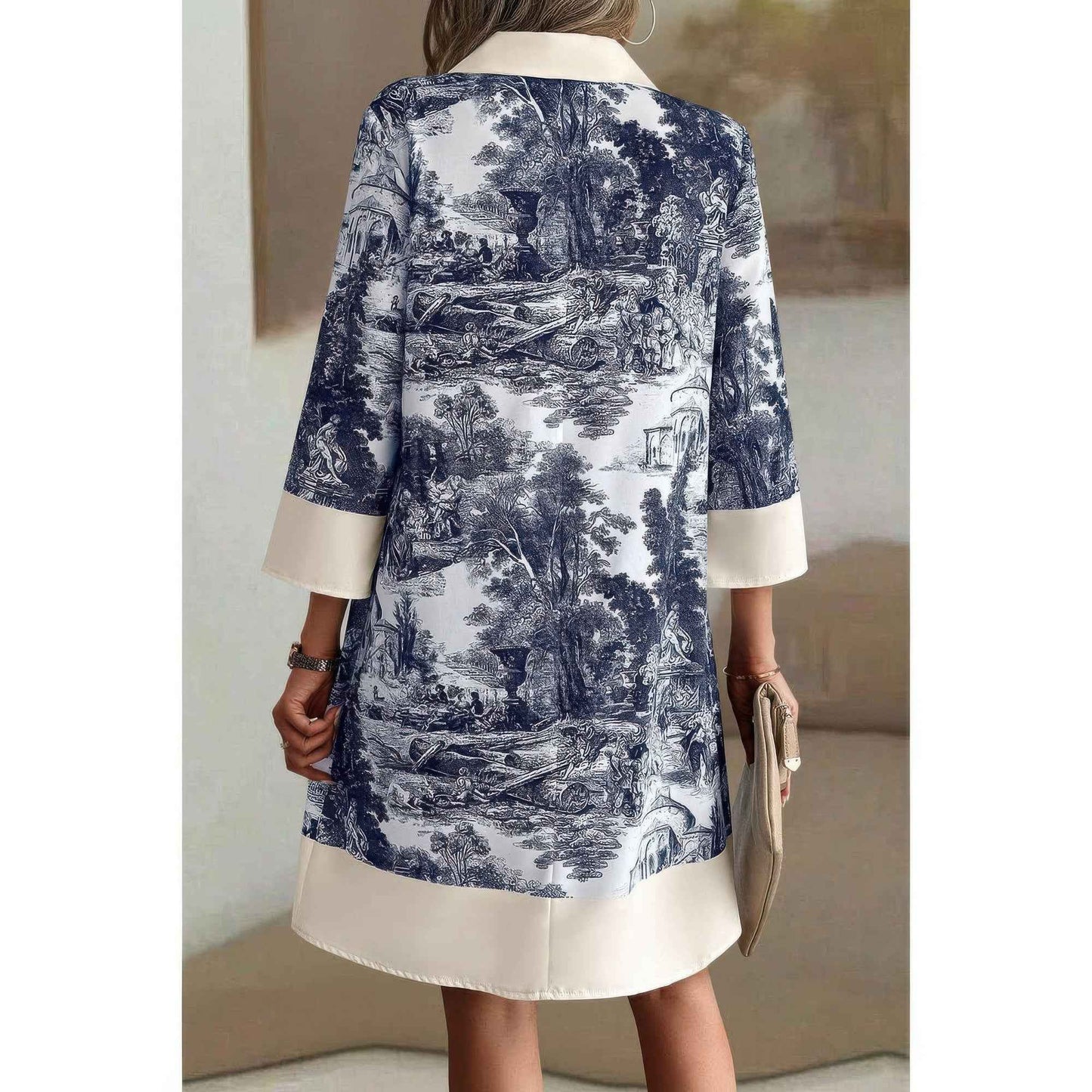 Pattern Stand Collar Front Button Loose Dress