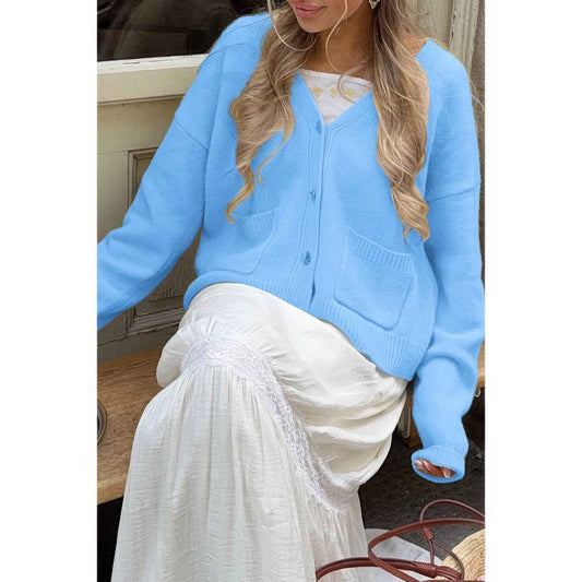 Solid Knit Button Down Pocket Loose Sweater