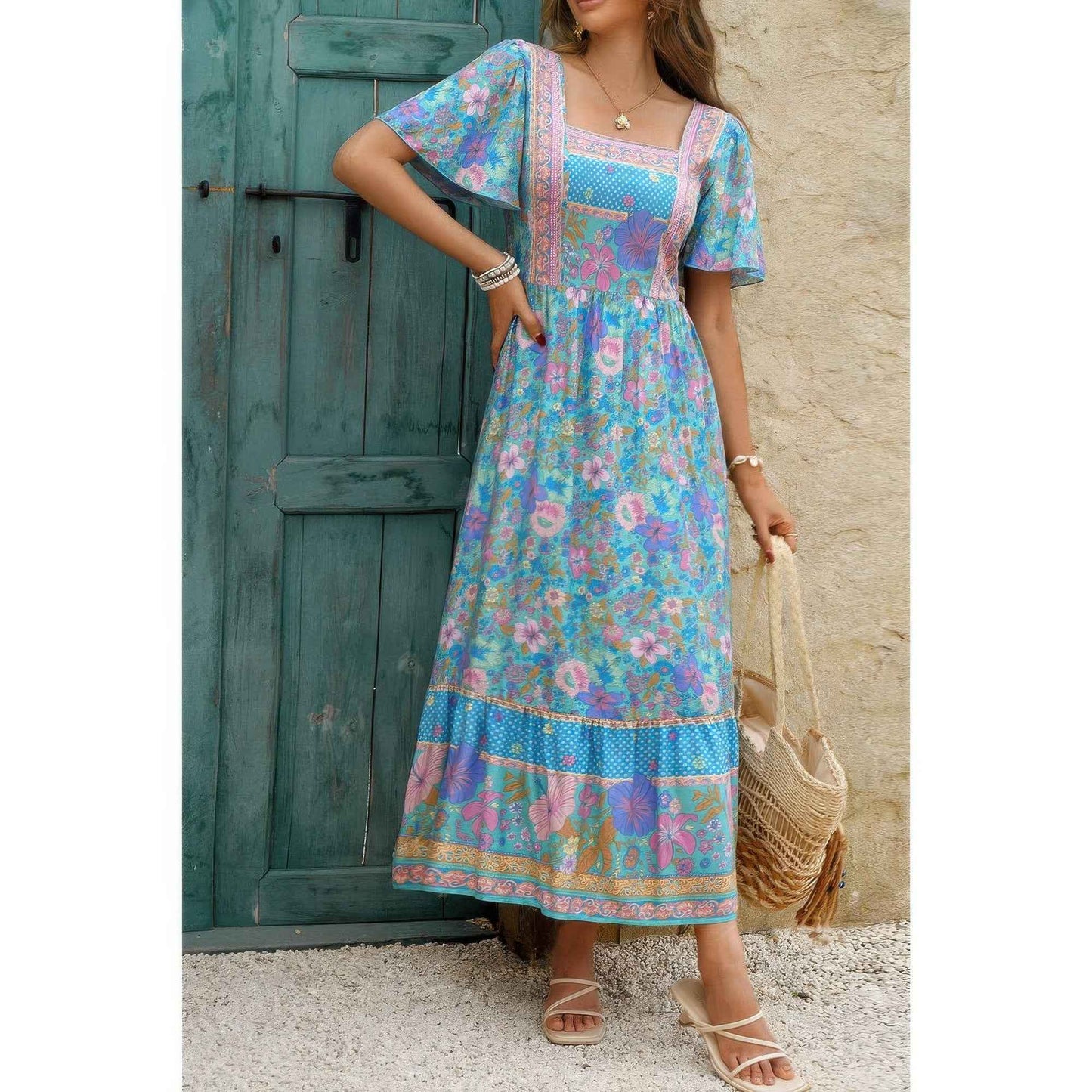 Square Neck Boho Floral A Line Fit Dress
