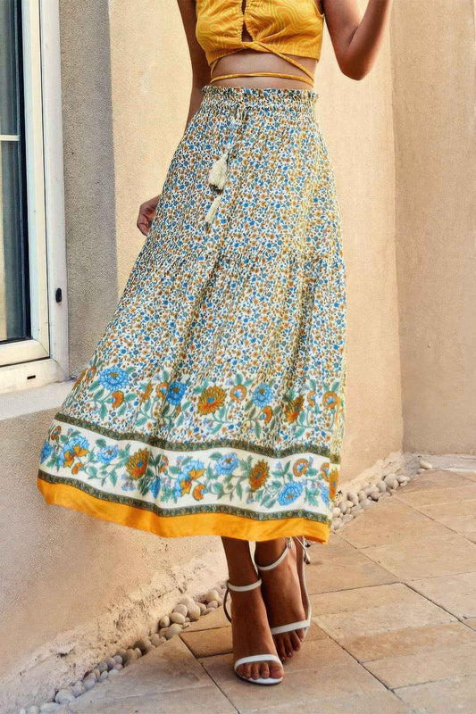Drawstring Floral Ruffled Maxi Skirt