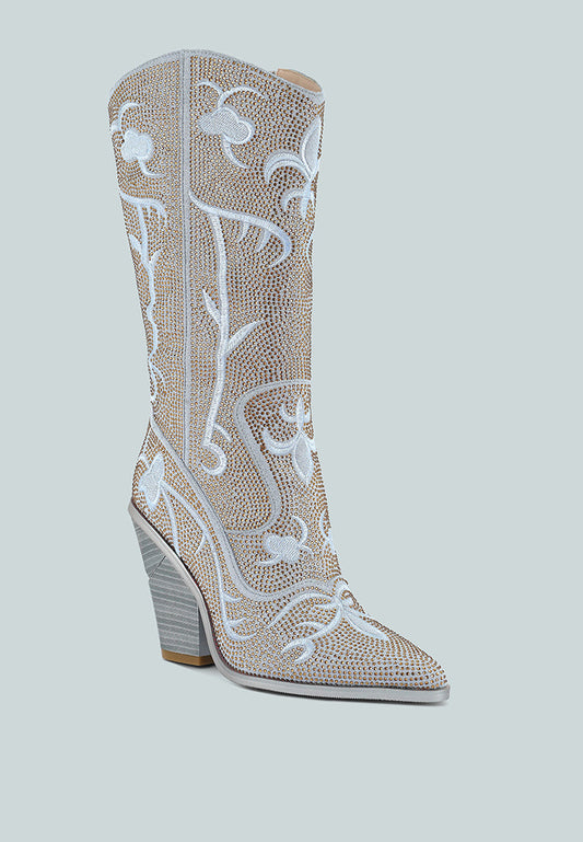 Glimmer Rhinestone Embellished Calf Boots – Stylish Cowgirl Boots with Embroidery
