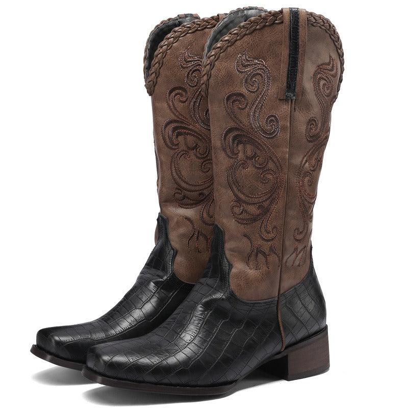 Rustic Western Braided Boots – Retro Cowboy Style with Snakeskin Detailing