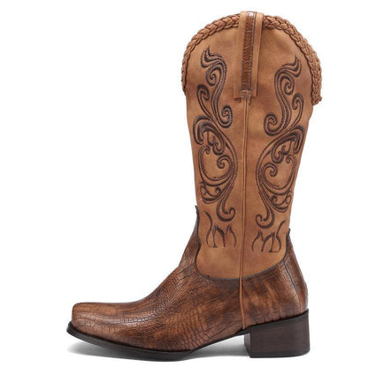 Rustic Western Braided Boots – Retro Cowboy Style with Snakeskin Detailing