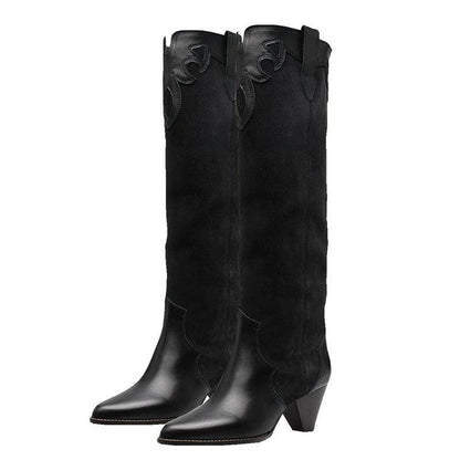 Retro Country Knee High Cowgirl Boots | Luxury Suede Embroidered Cowgirl Boots with High Heel