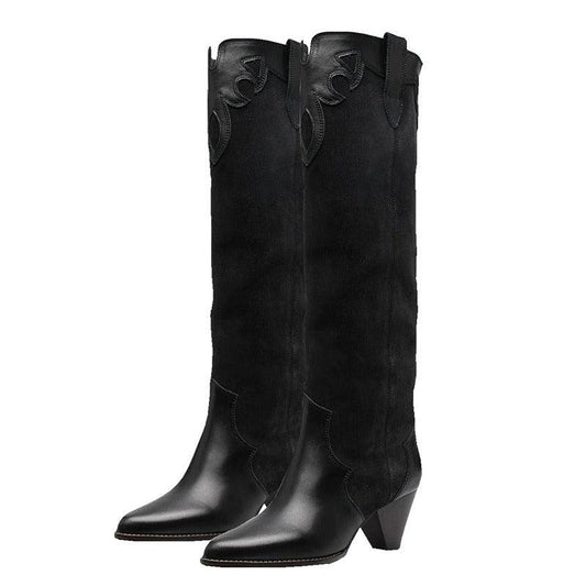 Retro Country Knee High Cowgirl Boots | Luxury Suede Embroidered Cowgirl Boots with High Heel