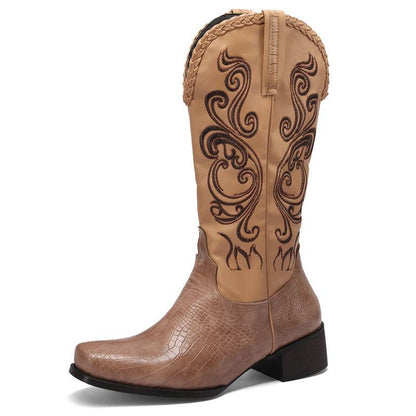 Rustic Western Braided Boots – Retro Cowboy Style with Snakeskin Detailing