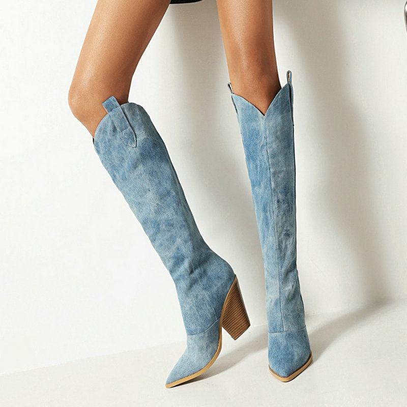 Tie Dye Denim Knee-High Cowgirl Boots