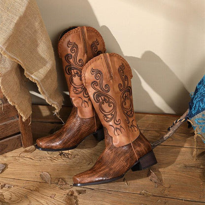 Rustic Western Braided Boots – Retro Cowboy Style with Snakeskin Detailing