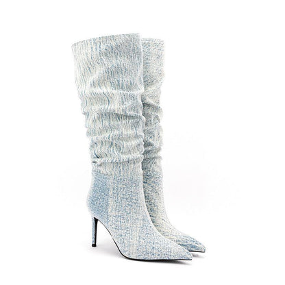 White Denim High Heel Tall Boots