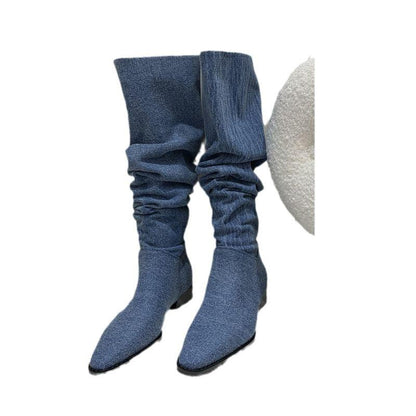 Women’s Denim Knee High Boots - Casual Cowboy Style