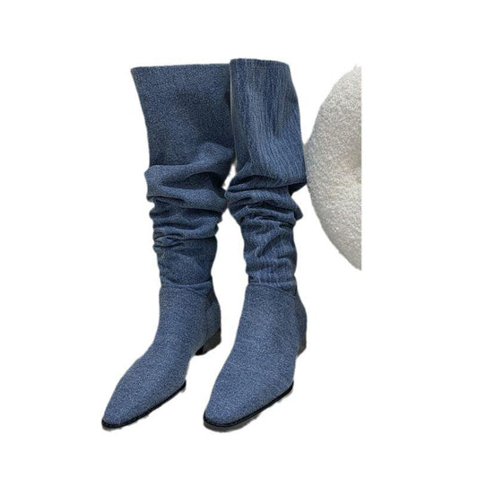 Women’s Denim Knee High Boots - Casual Cowboy Style