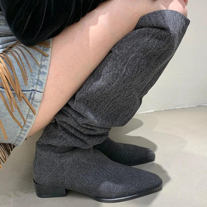 Women’s Denim Knee High Boots - Casual Cowboy Style