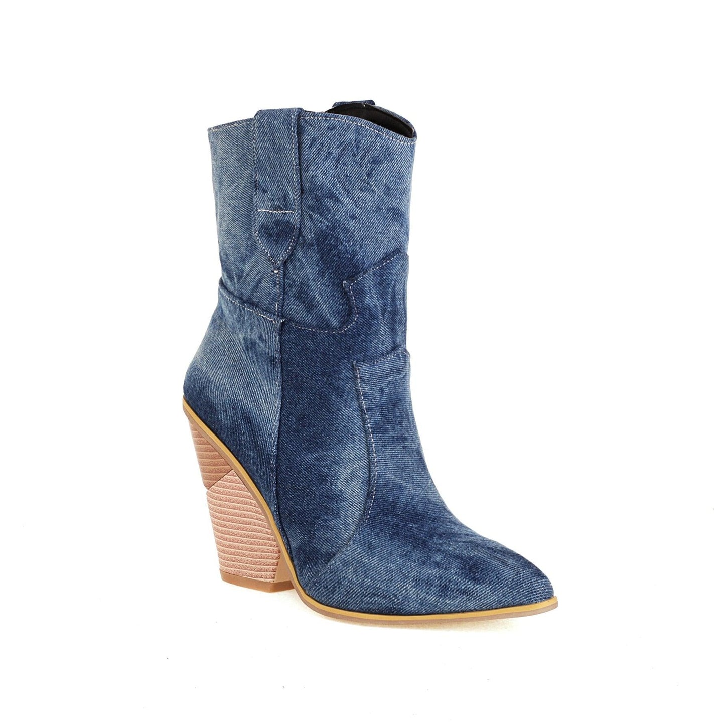 Cowgirl Chic High Heel Ankle Boots - Trendy Denim and Leather Boots for Women