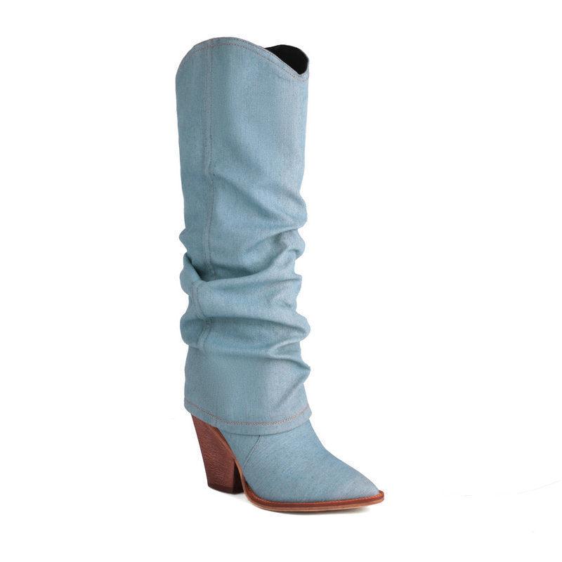 Denim Cowboy Slouch Boots | Stylish Knee-High Cowboy Boots for Cowgirls