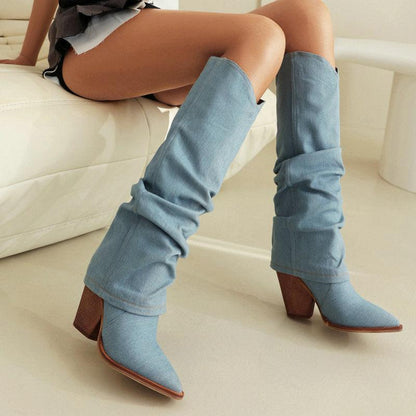 Denim Cowboy Slouch Boots | Stylish Knee-High Cowboy Boots for Cowgirls