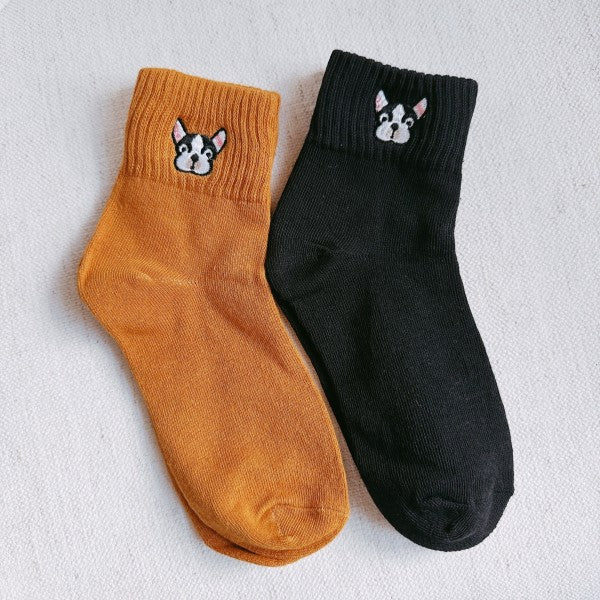 French Bulldog Embroidered Ankle Socks Set Of 2