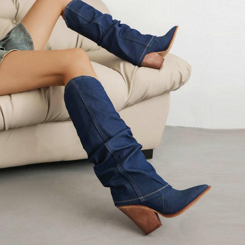 Denim Cowboy Slouch Boots | Stylish Knee-High Cowboy Boots for Cowgirls