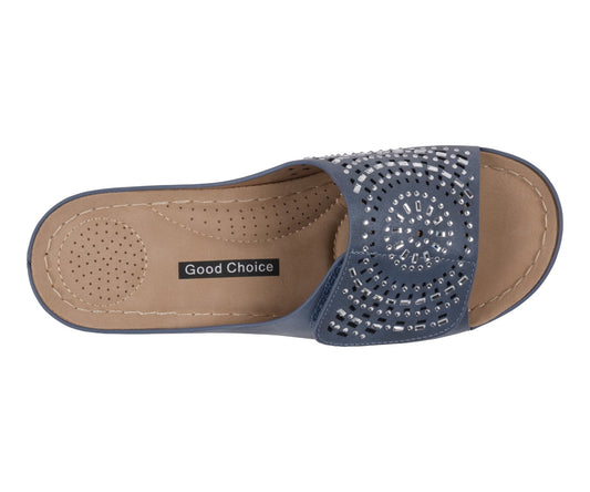 Women's Adrina Embellished Velcro Navy Wedge Sandals