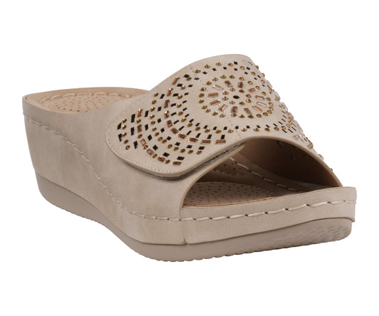 Women's Adrina Embellished Velcro Natural Wedge Sandals