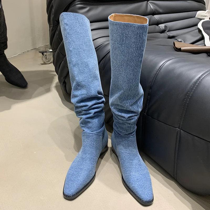 Women’s Denim Knee High Boots - Casual Cowboy Style