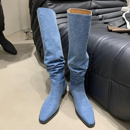 Women’s Denim Knee High Boots - Casual Cowboy Style