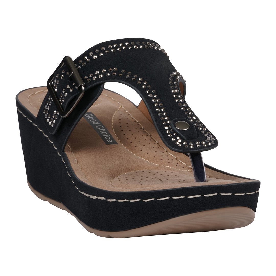 Women's Alani Black Embellished Thong Wedge Sandals