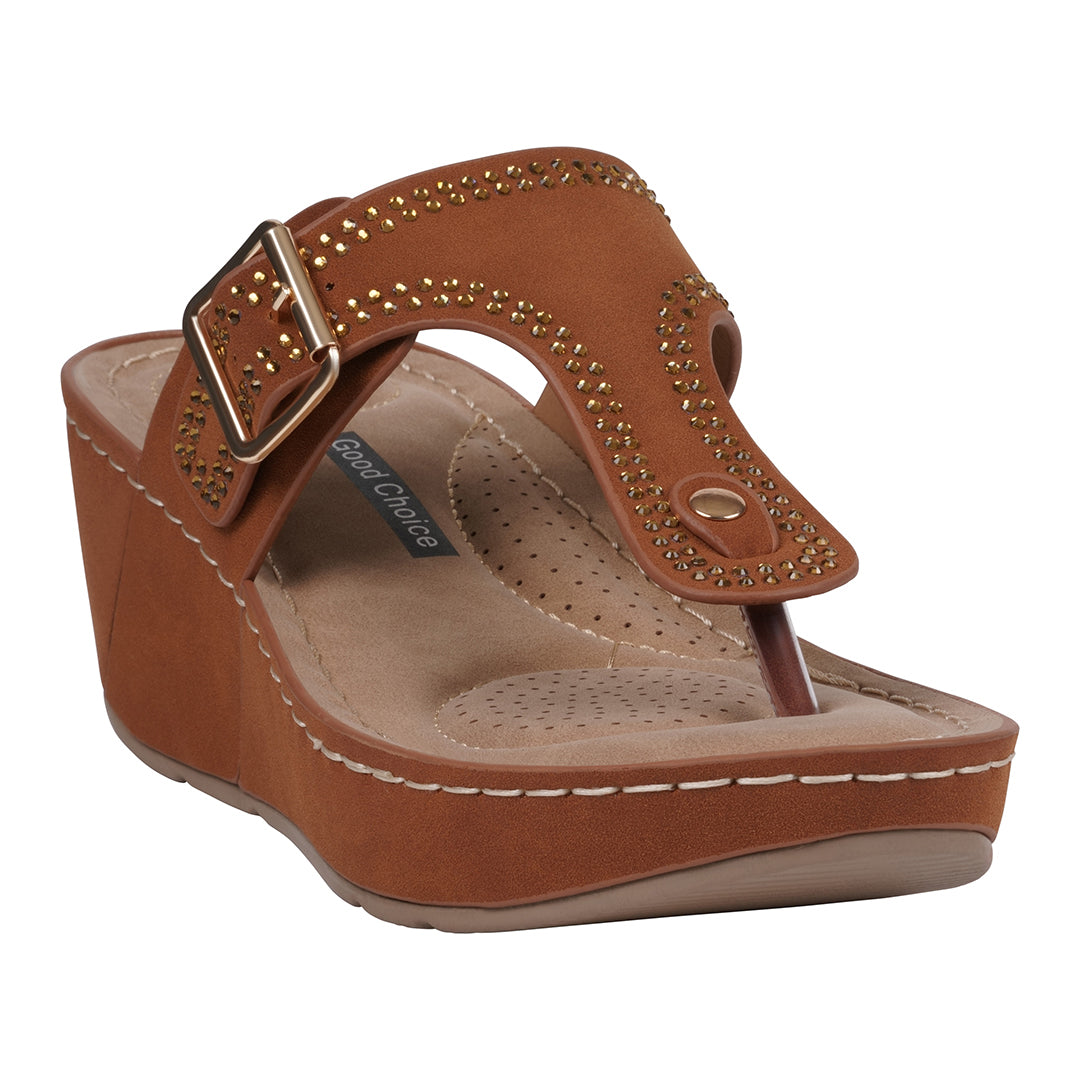 Women's Alani Cognac Embellished Thong Wedge Sandals