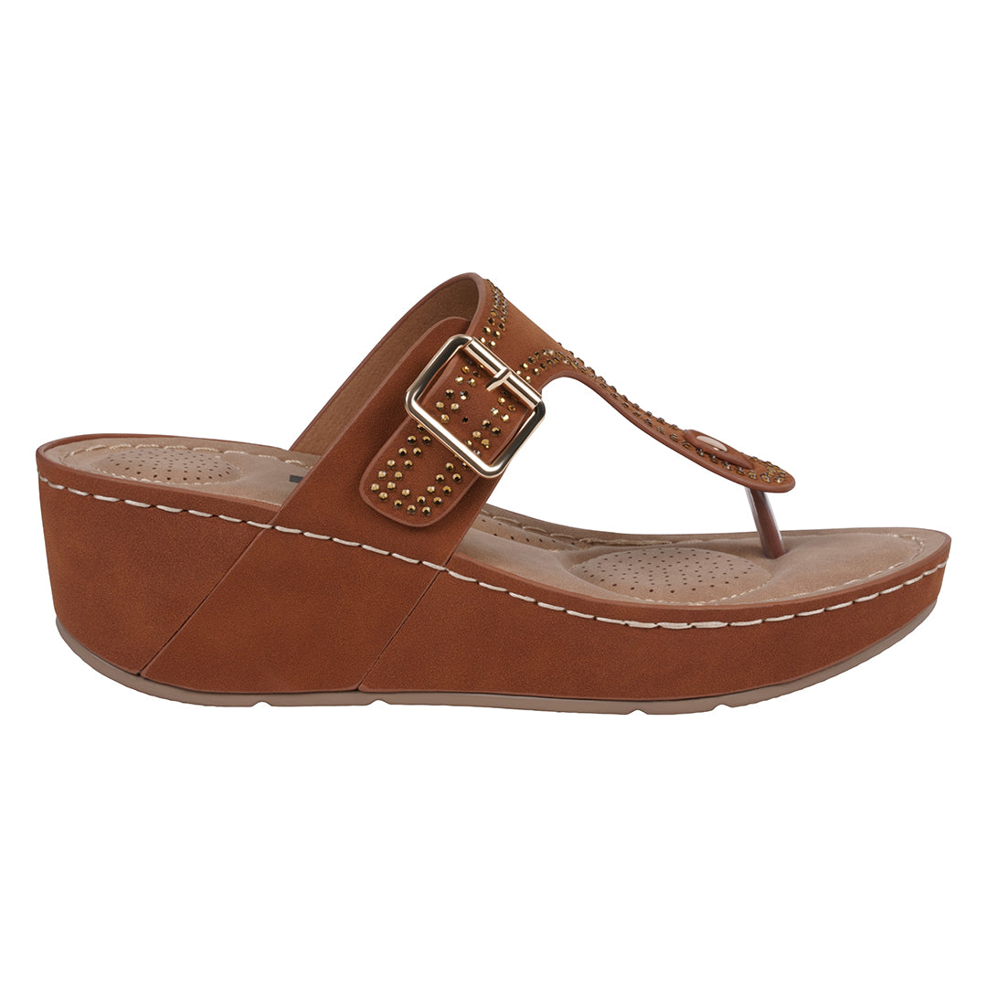 Women's Alani Cognac Embellished Thong Wedge Sandals