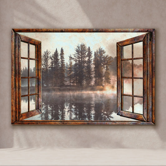 Foggy Autumn Lake View By The Window Canvas Wall Art
