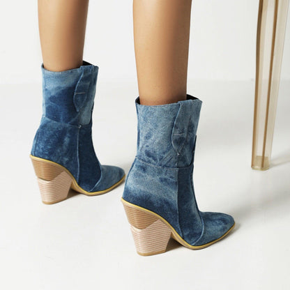 Cowgirl Chic High Heel Ankle Boots - Trendy Denim and Leather Boots for Women