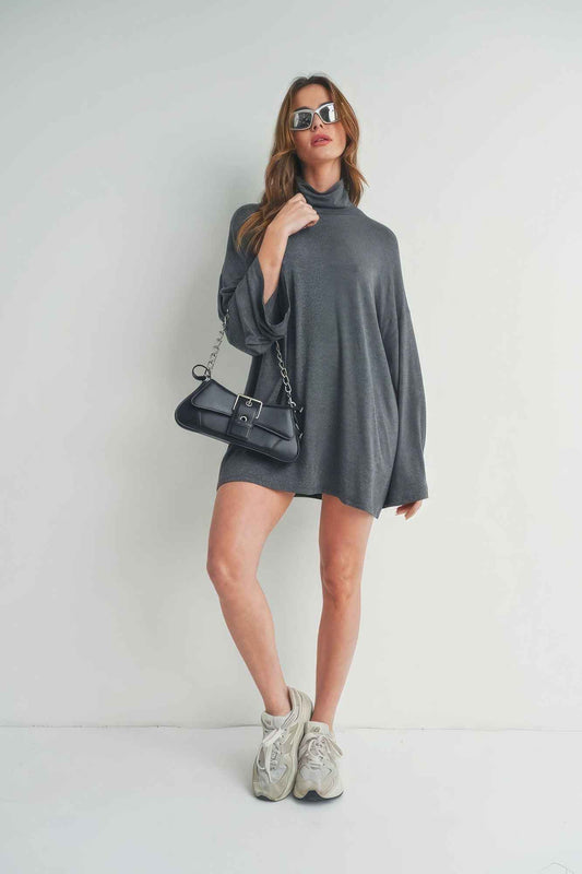 Bell Sleeve Turtle Neck Dress - Charcoal
