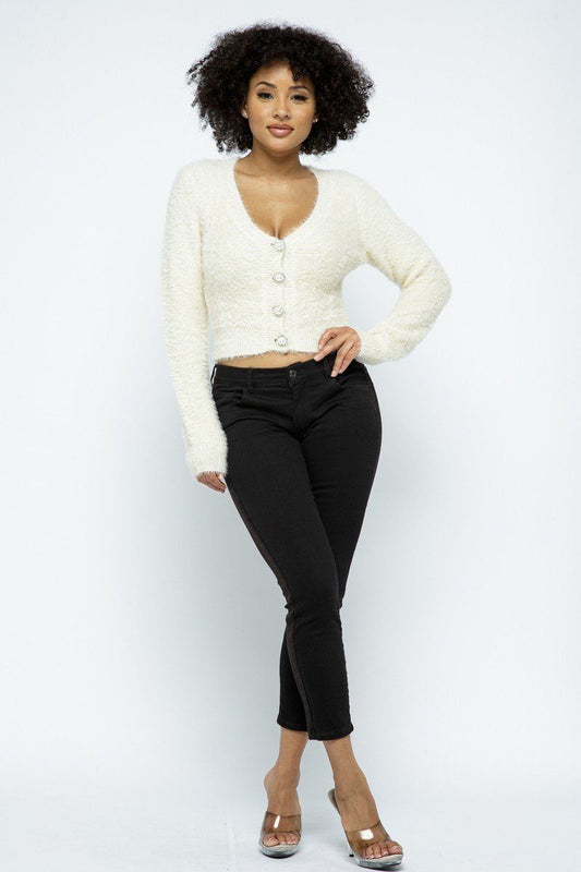 Eyelash Knit Cropped Cardigan With Pearl Button Details - It's a Girly Place