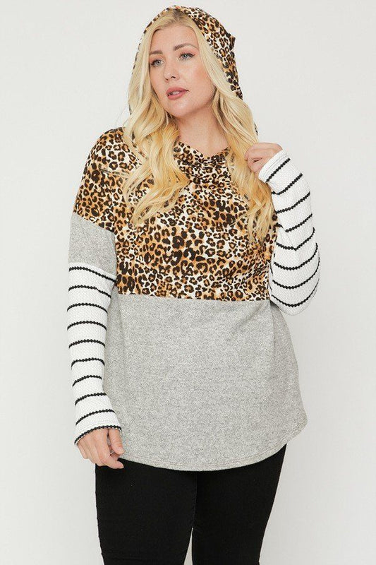 Plus Size Color Block Hoodie Featuring A Cheetah Print - It's a Girly Place