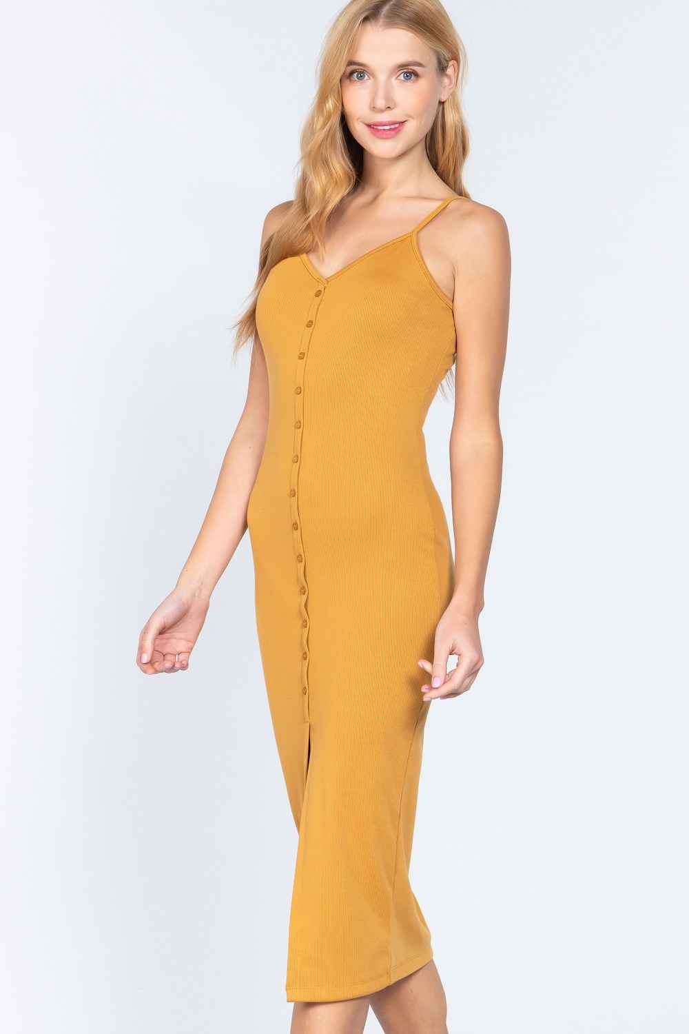 Fron Button Slit Rib Cami Midi Dress