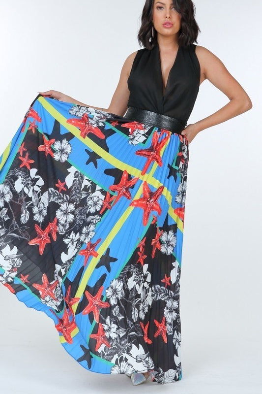 Pleated Print Maxi Skirt With Leather Waist Band - It's a Girly Place